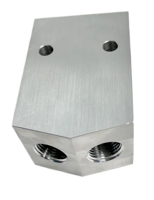 Close-up of 1/2in and 3/8in NPT ports on Aluminum Twinning Block SKU JR-TB-038