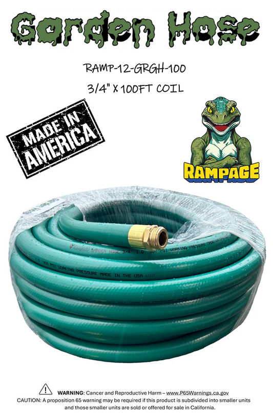 Rampage 3/4 Green Garden Hose coiled, USA-made with crimped ends