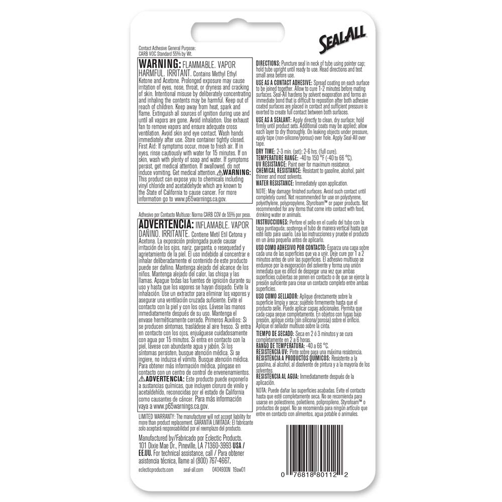 Seal-All Contact Adhesive 2 fl oz back packaging with product details