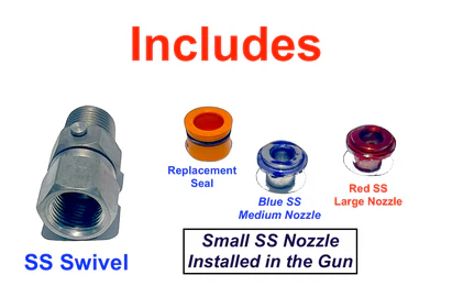Close-up of small stainless steel nozzle on WaterBoss 750 Soft Wash Gun