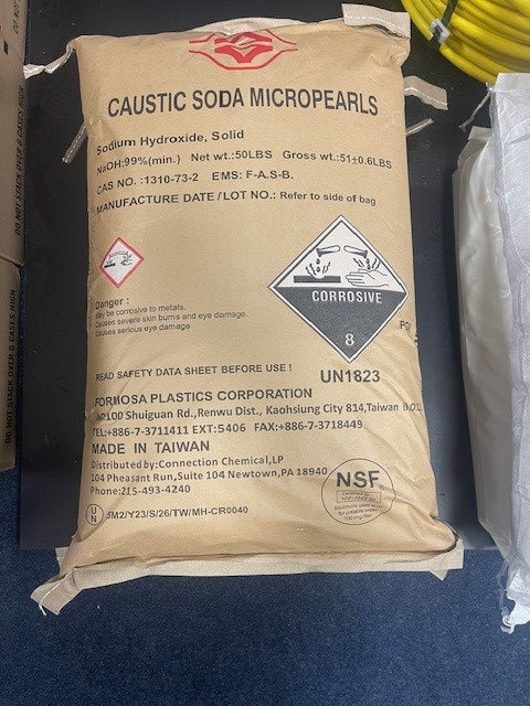 Caustic soda beads, 100% sodium hydroxide, 50 lb bag