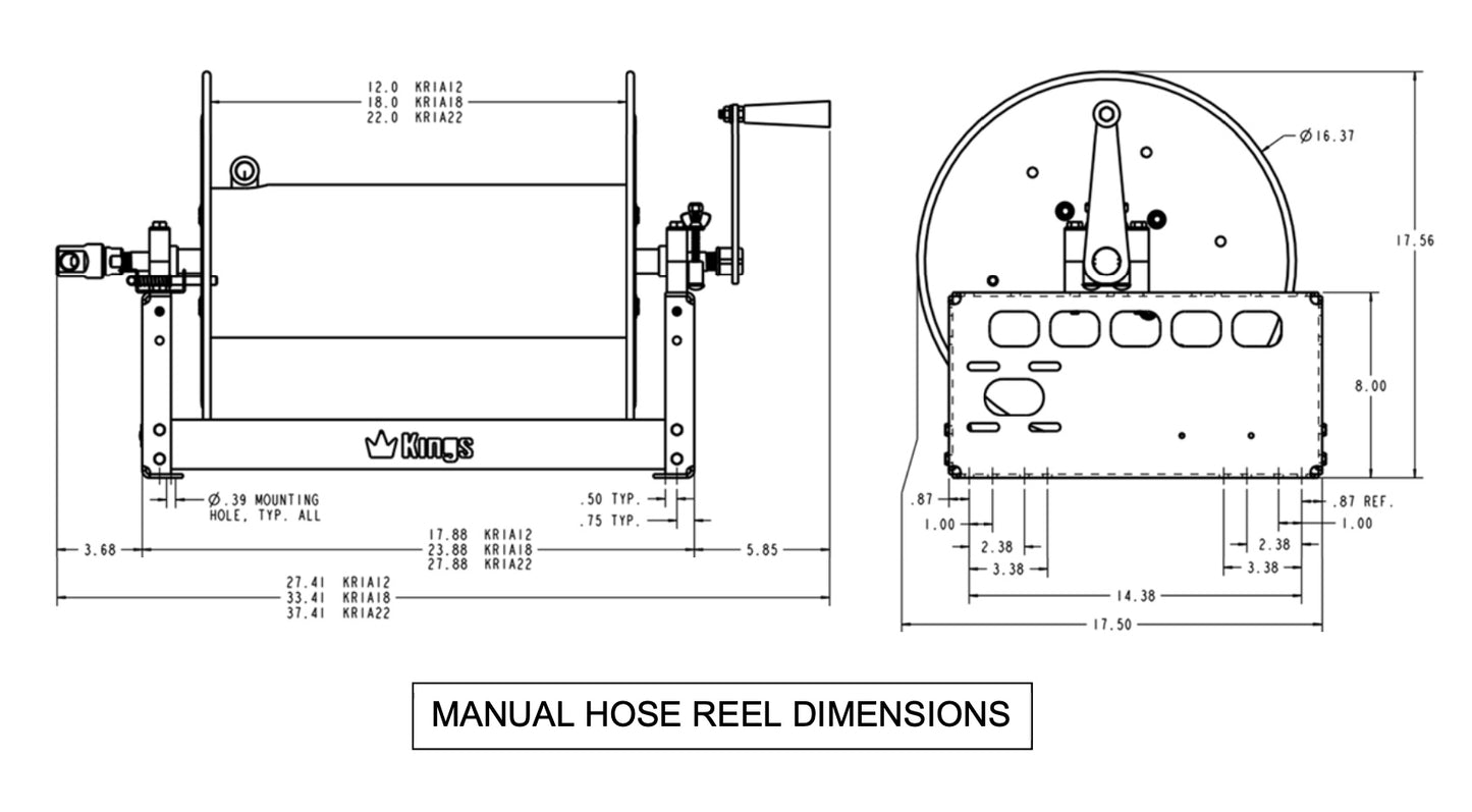 KR1A22 Carrete de manguera manual de aluminio Kings de 22" con colector de acero inoxidable