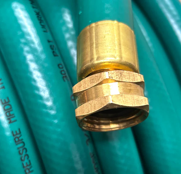 Close-up of crimped ends on Rampage 3/4 Green Garden Hose


