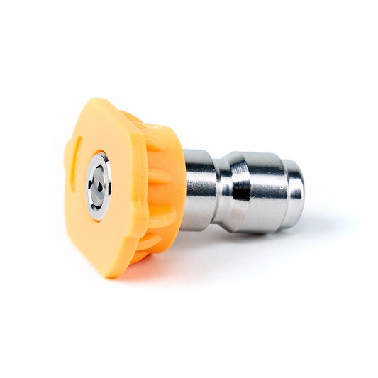 Close-up of stainless steel quick connect 15° nozzle with laser etching

